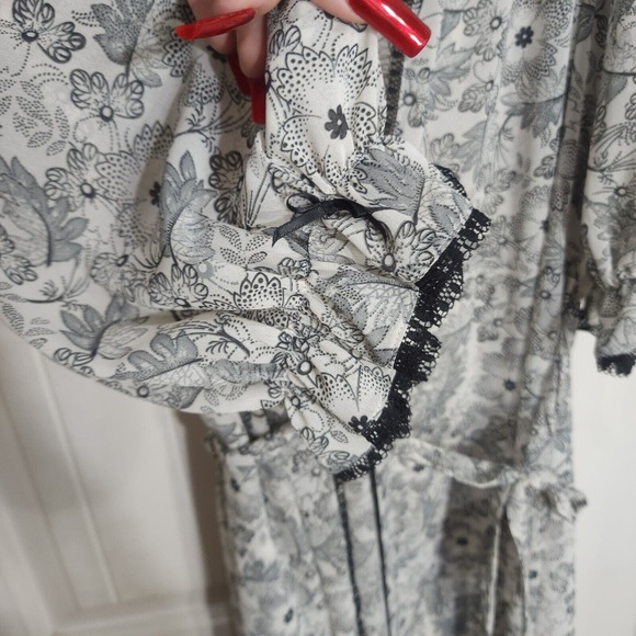Oscar De La Renta Pink Label Robe Womens M White Black Floral Tie 3/4 Sleeve - Picture 9 of 10
